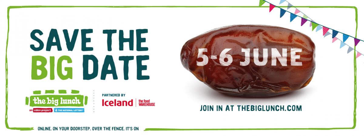 Save the date for The Big Lunch 2021 a fruit date with date 5-6 june on it