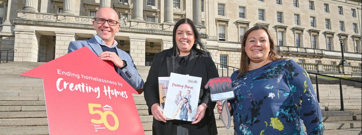 Jim Dennison, Chief Executive at Simon Community, Communities Minister, Deirdre Hargey and Kirsten Hewitt, Director of Homelessness Services, Simon Community at the launch of Creating Homes. The charity will  buy as well as manage 50 homes for people who are homeless as part of its 50th birthday celebrations.