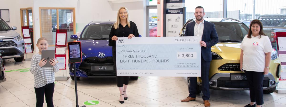 Charles Hurst Toyota fund additional robot for Childrens Cancer Unit Charitys Robotics Programme. Pictured L-R Lucy Roberts, Sarah Armstrong, Charles Hurst Toyota, Luke McCready, Charles Hurst Toyota, Jacqueline Wilson, Children’s Cancer Centre Charity