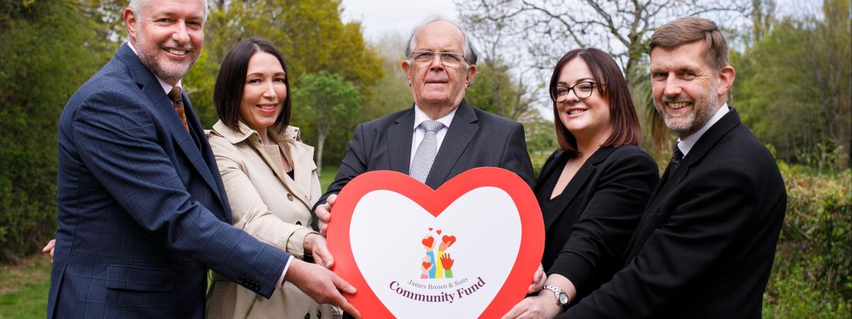 James Brown MBE is joined by Julian Hodgkinson, Regional Development Director; Beverley Brown, Marketing Manager; Emma Moore, Branch Development Manager and Andrew Neale, Branch Manager; at the launch of James Brown & Sons £20,000 Community Fund which will fund grass-roots good causes provided by local charities and not-for-profit organisations working to benefit people in Belfast and the surrounding areas. www.jamesbrownfuneraldirectors.com