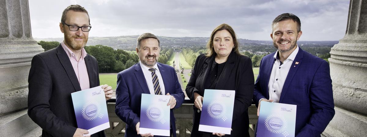 Health Minister Robin Swann MLA, and Department for Communities Minister Deirdre Hargey MLA, are joined by Chair of the All Party Group on Reducing Harm Related to Gambling, Robbie Butler MLA and Vice Chair Philip McGuigan MLA at the launch of the report on ‘Gaming Machines in Northern Ireland’. www.gamharmapg.org