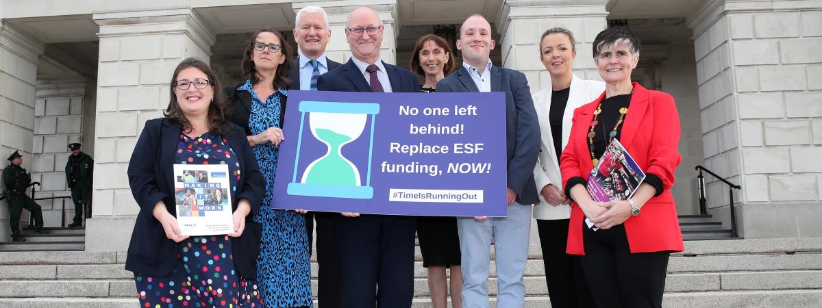 Pictured from left to right: Kellie Armstrong MLA, Elaine Leonard Chief Executive of Appleby Trust, David Babington Chief Executive of Action Mental Health, Norman Sterritt Chair of NIUSE, Roisin Mallon, Director, Dedicated Mechanism Unit, Equality Commission for NI, Conor McGinnity, Mencap service user, Liz Kimmins MLA, and Grainne Close Director at Mencap.