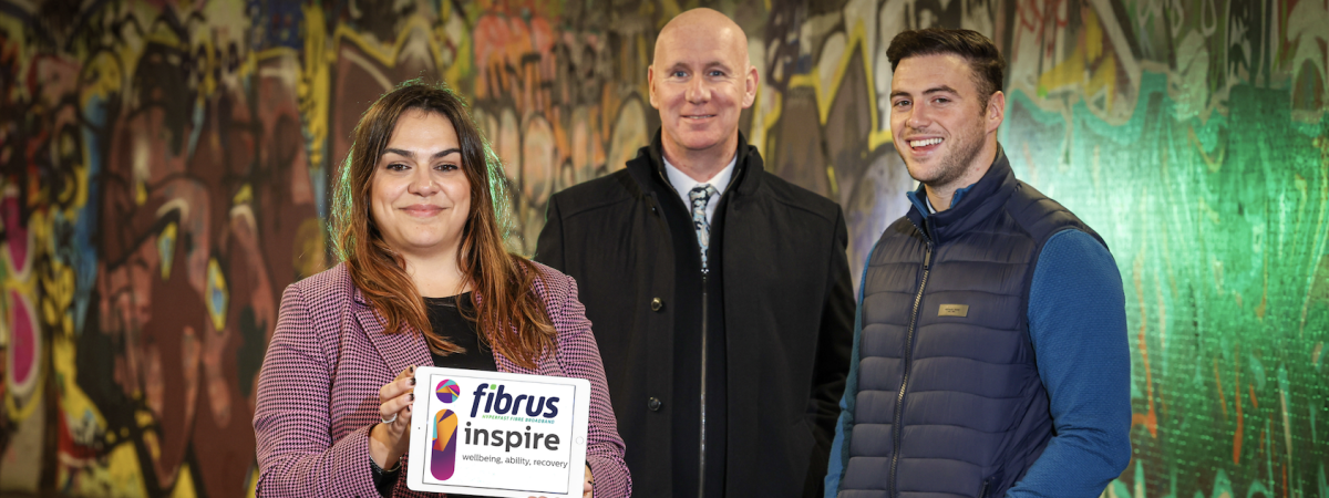 Leading mental health charity Inspire Wellbeing is rolling out vulnerable adult training to staff at full fibre broadband provider Fibrus. Pictured L-R are: Maria Moreno Diez, Senior Specialist in Learning and Development at Fibrus; Alex Bunting, Director of Care and Support at Inspire Wellbeing; Daniel McKinless, Fibre Ambassador.