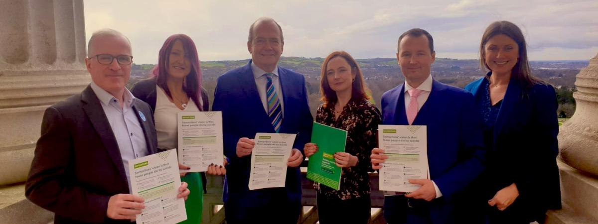 Photograph of Professor Gerry Lynch, Claire Curran, Professor Sir Michael McBride, Professor Siobhan O'Neill, Samaritans Ireland Assistant Director Mark Kennedy and Sarah Travers.