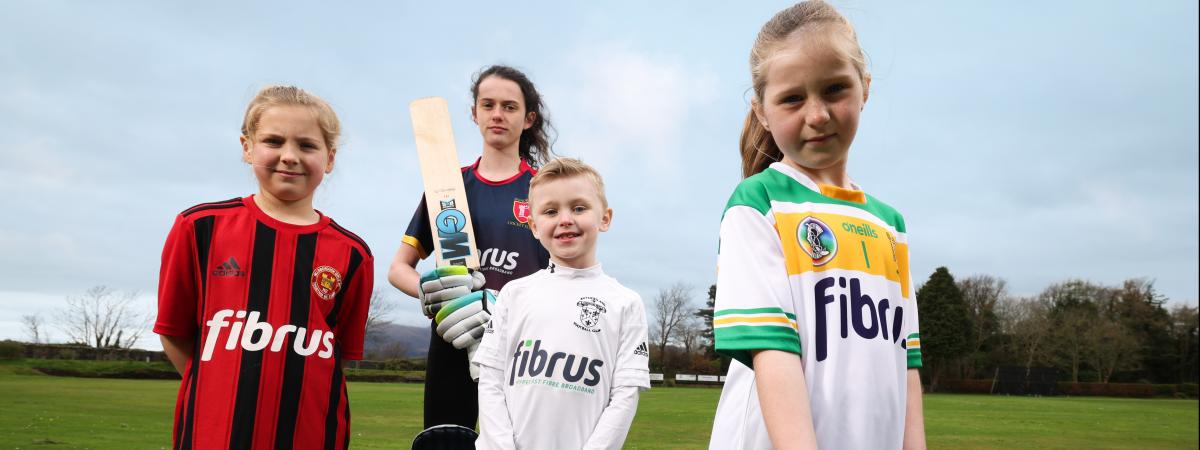 Launching the Fibrus ‘Play it Forward Fund’ are (L-R): Skye Cameron, Hillsborough Junior Girls Football Club; Niamh Lowry, Dundrum Cricket Club; Joshua McDowell, Rathfriland Football Club; Lucy McComiskey, An Ríocht GAA Club.
