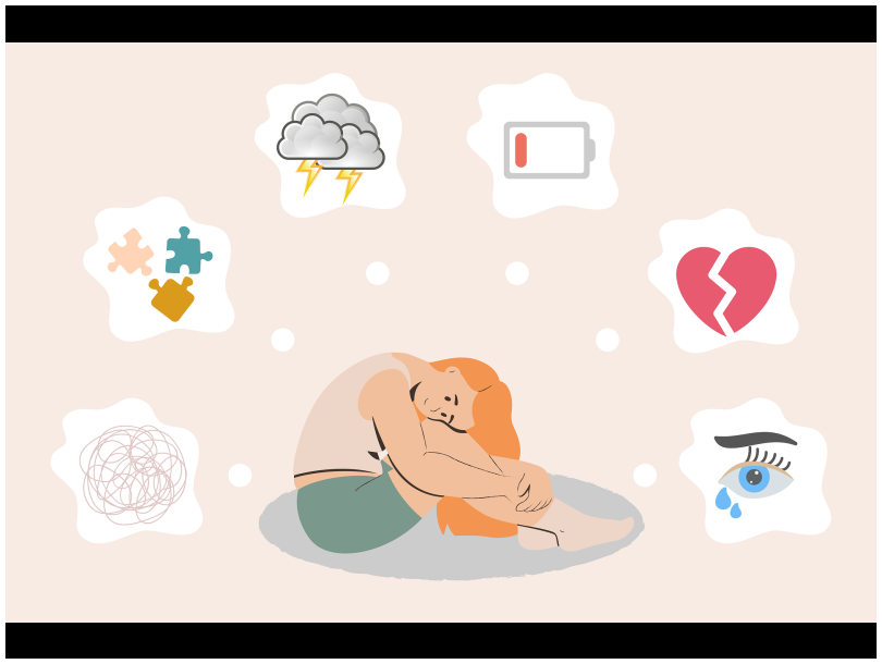 Person sitting crouched on floor with symbols of worry surrounding them