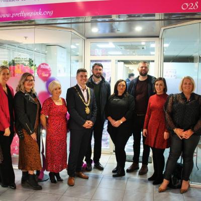 Belfast Lord Mayor, local politicians, and Pretty ‘n’ Pink Breast Cancer Charity staff and volunteers at the launch of the new Breast Cancer Information & Support Hub at The Park Centre in Belfast