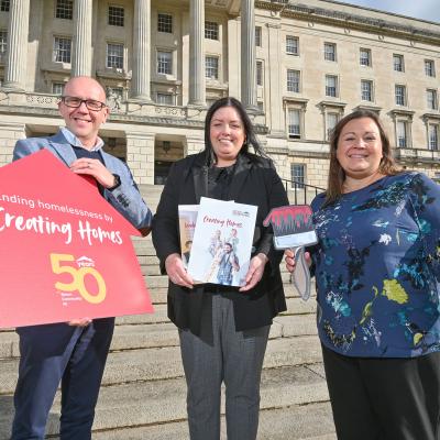 Jim Dennison, Chief Executive at Simon Community, Communities Minister, Deirdre Hargey and Kirsten Hewitt, Director of Homelessness Services, Simon Community at the launch of Creating Homes. The charity will  buy as well as manage 50 homes for people who are homeless as part of its 50th birthday celebrations.