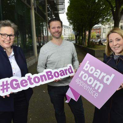 2020 Boardroom Apprentices Jo McGinley (right) and David Esler (middle) with founder Eileen Mullan. (Photo by Arthur Allison, Pacemaker)