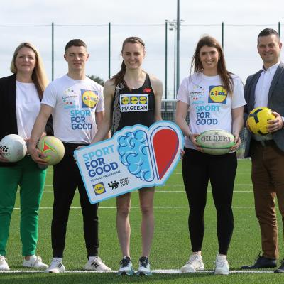 Pictured (left to right) are; Youth Sport Trust Development Manager Louise Gray, World Champion gymnast Rhys McClenaghan, European Championship 1500 metre silver medallist Ciara Mageean, six-time Paralympic gold medallist swimmer Bethany Firth OBE, and Lidl Northern Ireland Sales Operations Director Gordon Cruikshanks.