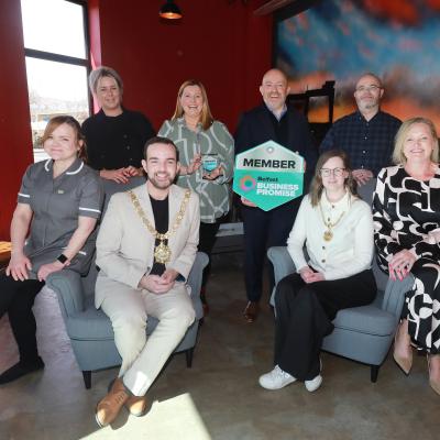 Lord Mayor of Belfast Councillor Micky Murray and High Sheriff Councillor Fiona McAteer congratulate Jonathan McAlpin and the team at East Belfast Enterprise on becoming the first enterprise agency to be awarded Belfast Business Promise Member status.